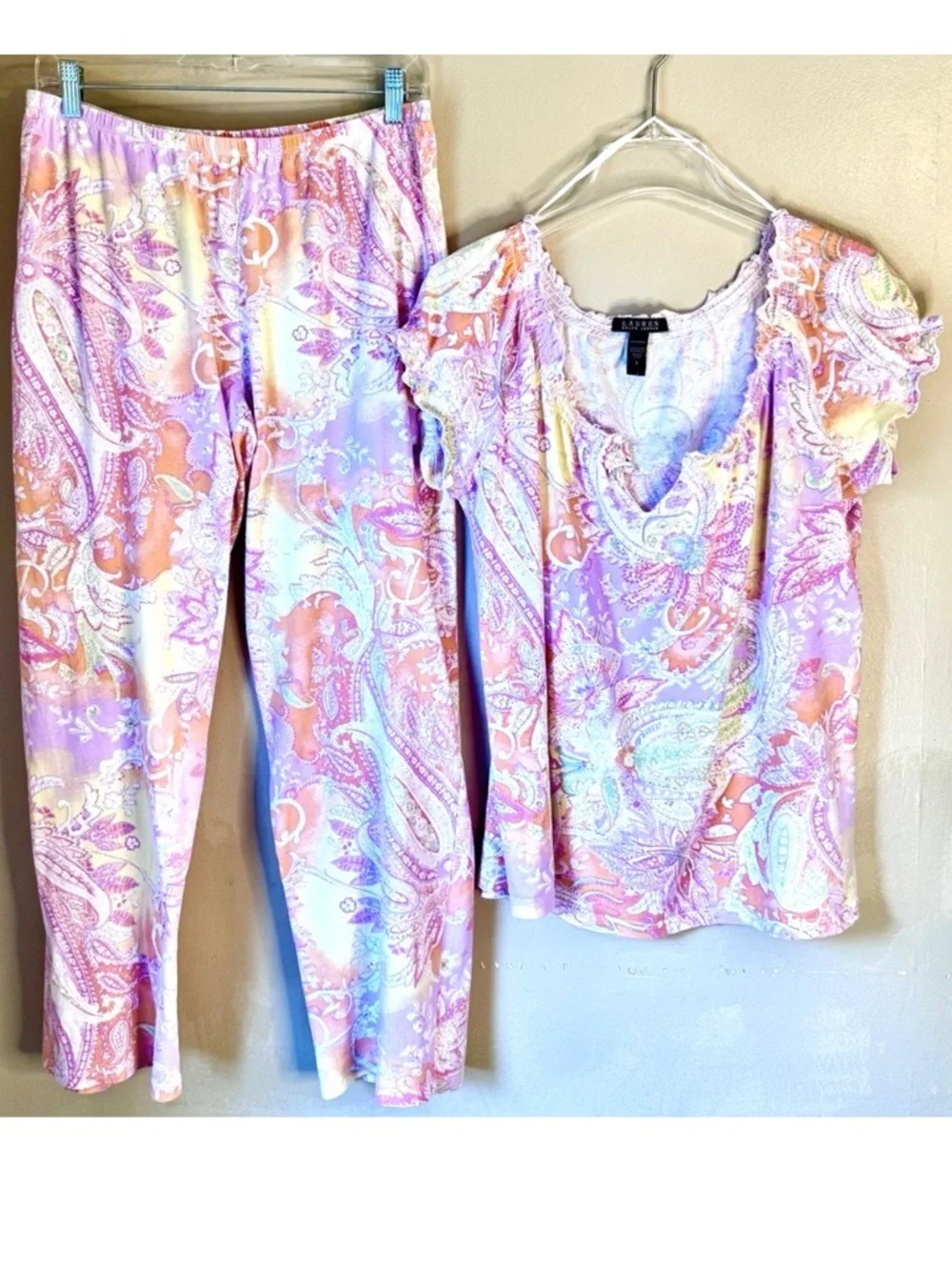 💜LAUREN RALPF LAUREN💜 PASTEL PAISLEY COTTON CAP SLEEVE LONG PANT PAJAMA SET EUC - Picture 2 of 12